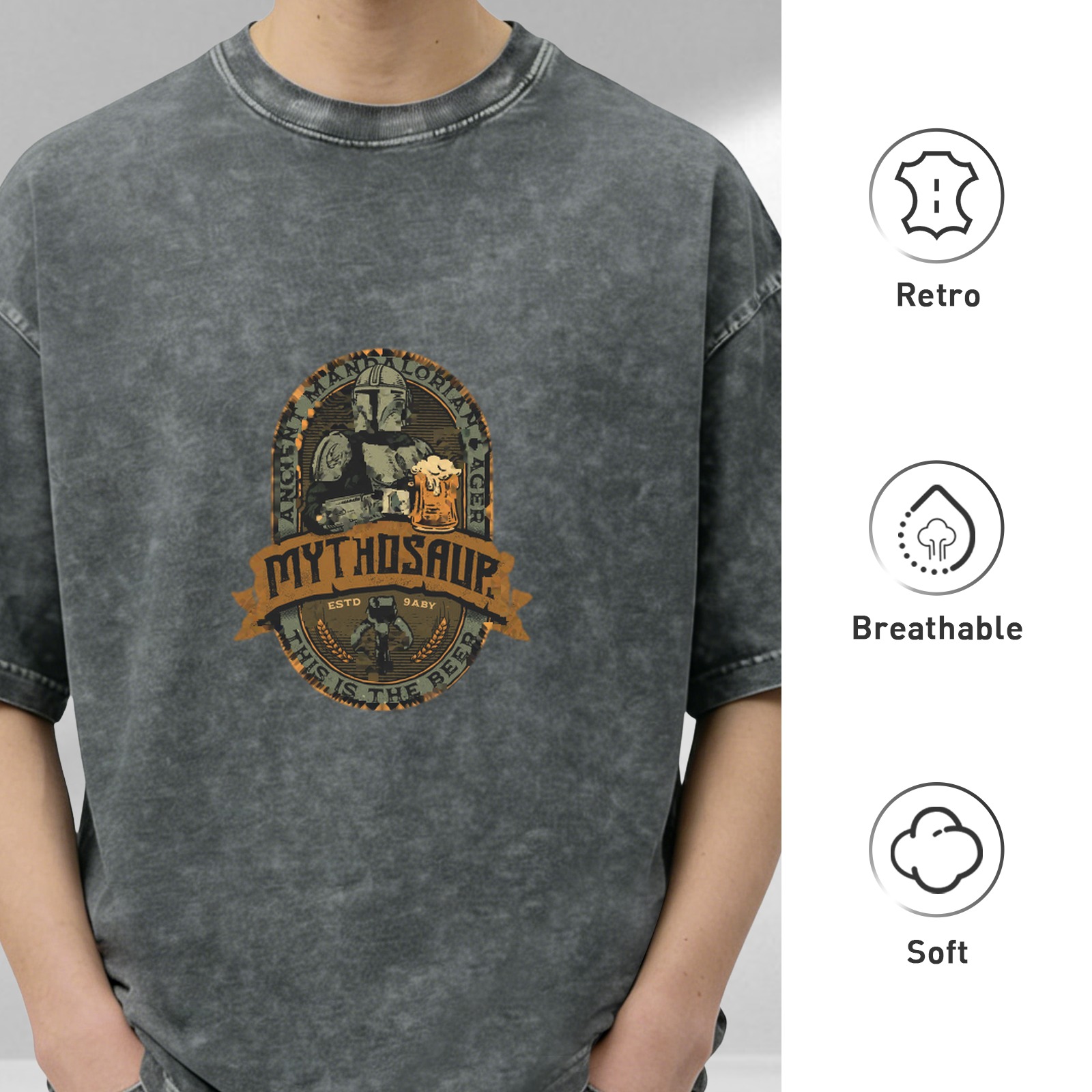Distressed washed black Mandalorian themed printed short-sleeved T-shirt