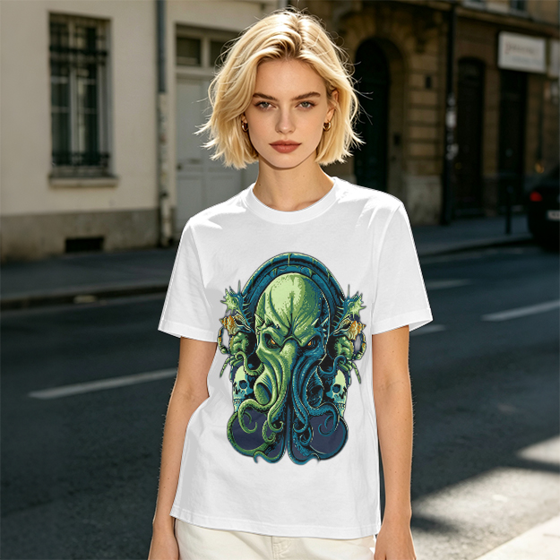 Olive Green T-Shirt With Cthulhu Skull Graphic Print