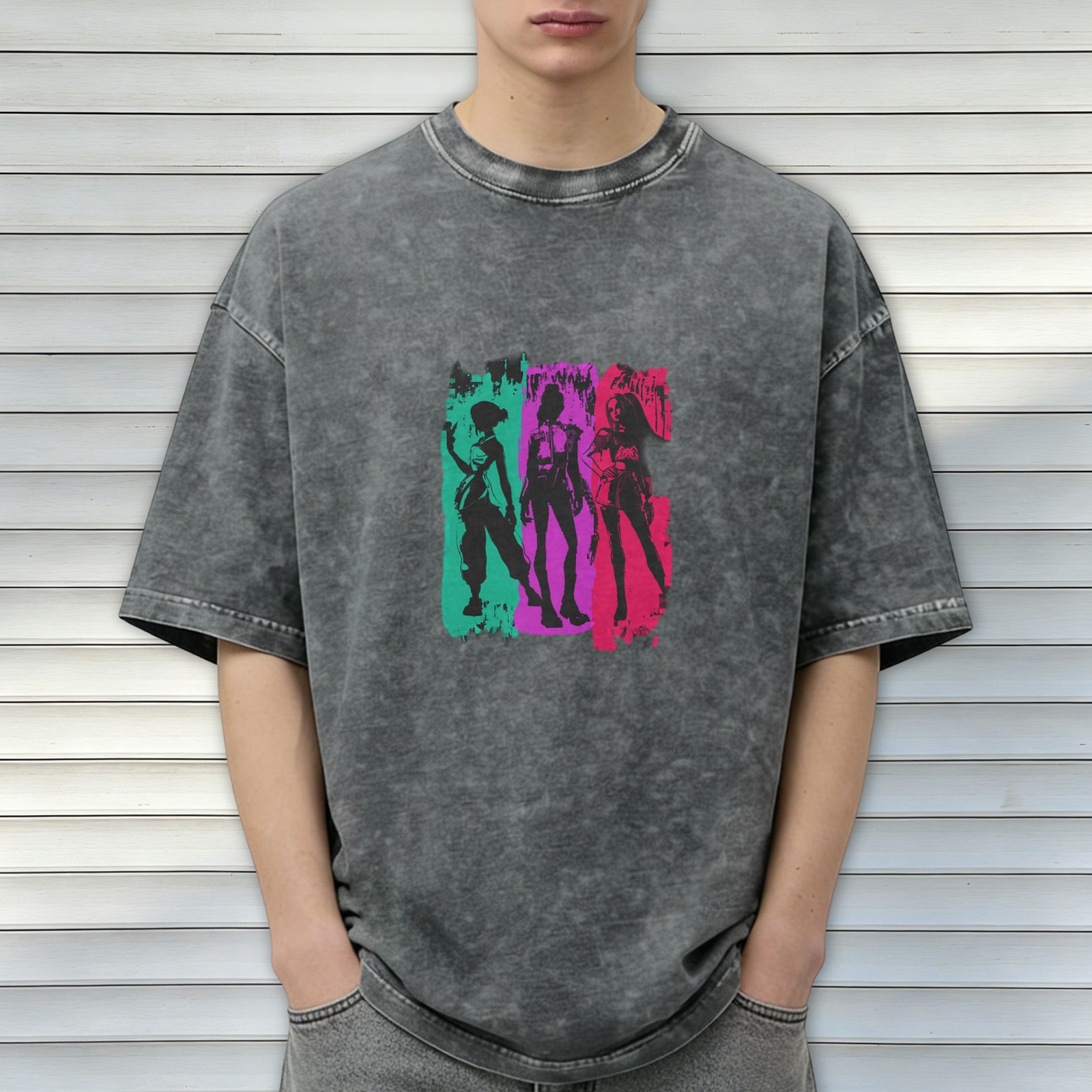 Washed Black T-Shirt with Neon Three Female Silhouette Print