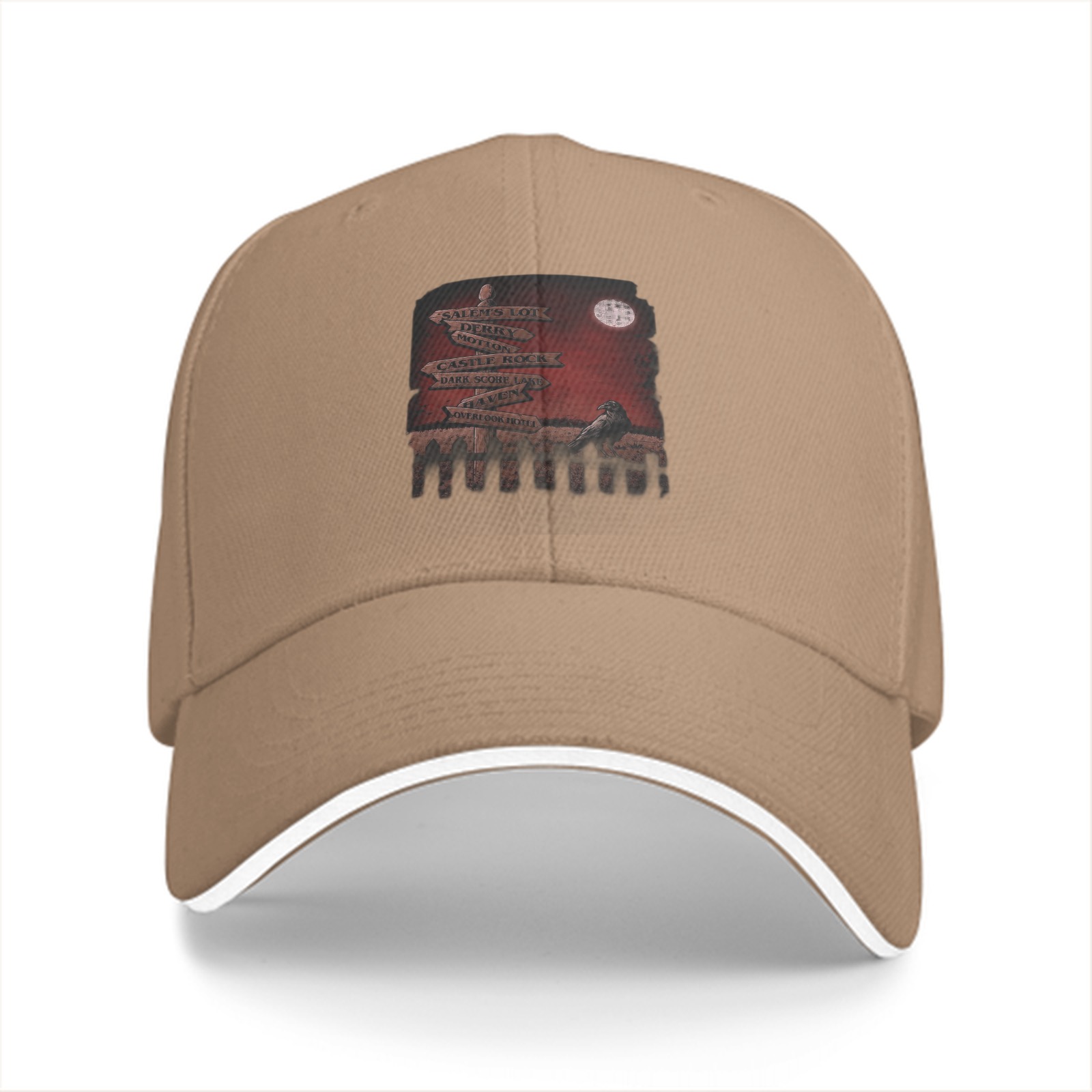 Black baseball cap with spooky graveyard signpost crow print