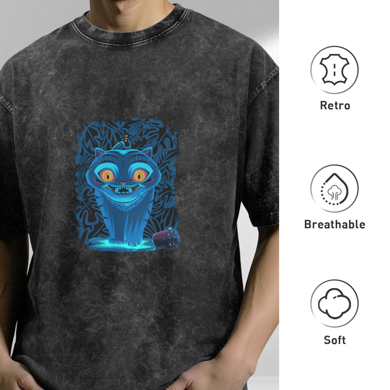 Distressed washed black loose short-sleeved T-shirt Cheshire Cat print