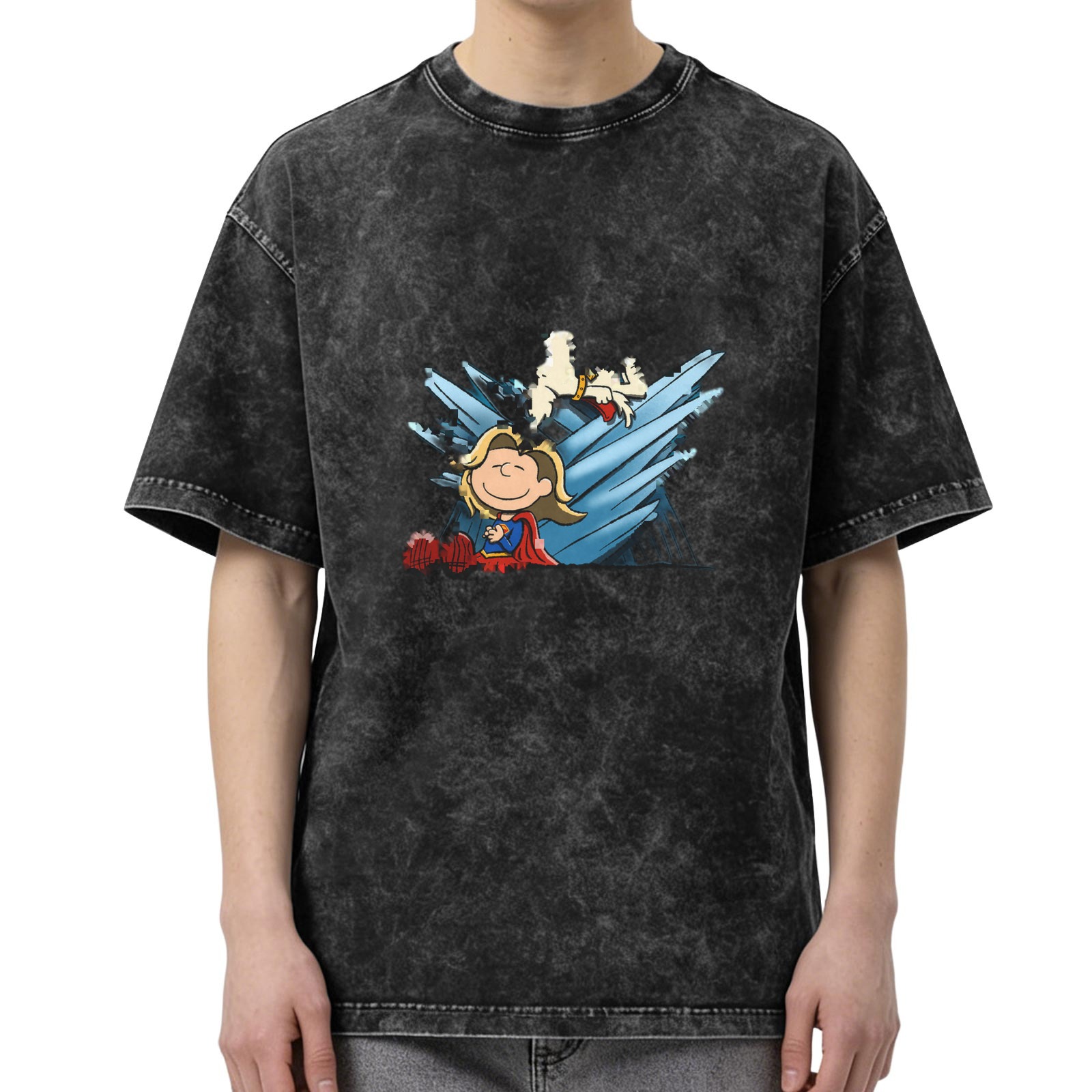 Washed black graphic t-shirt with Peanuts style superhero print