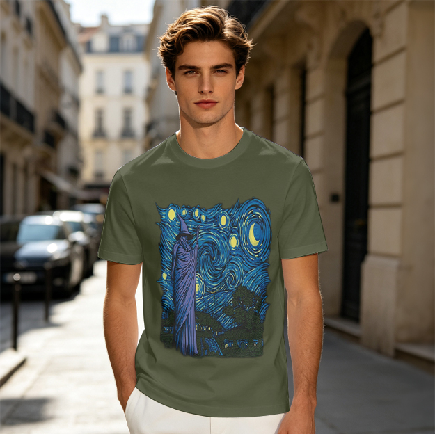 Olive T-Shirt with Wizard Starry Night Art Print