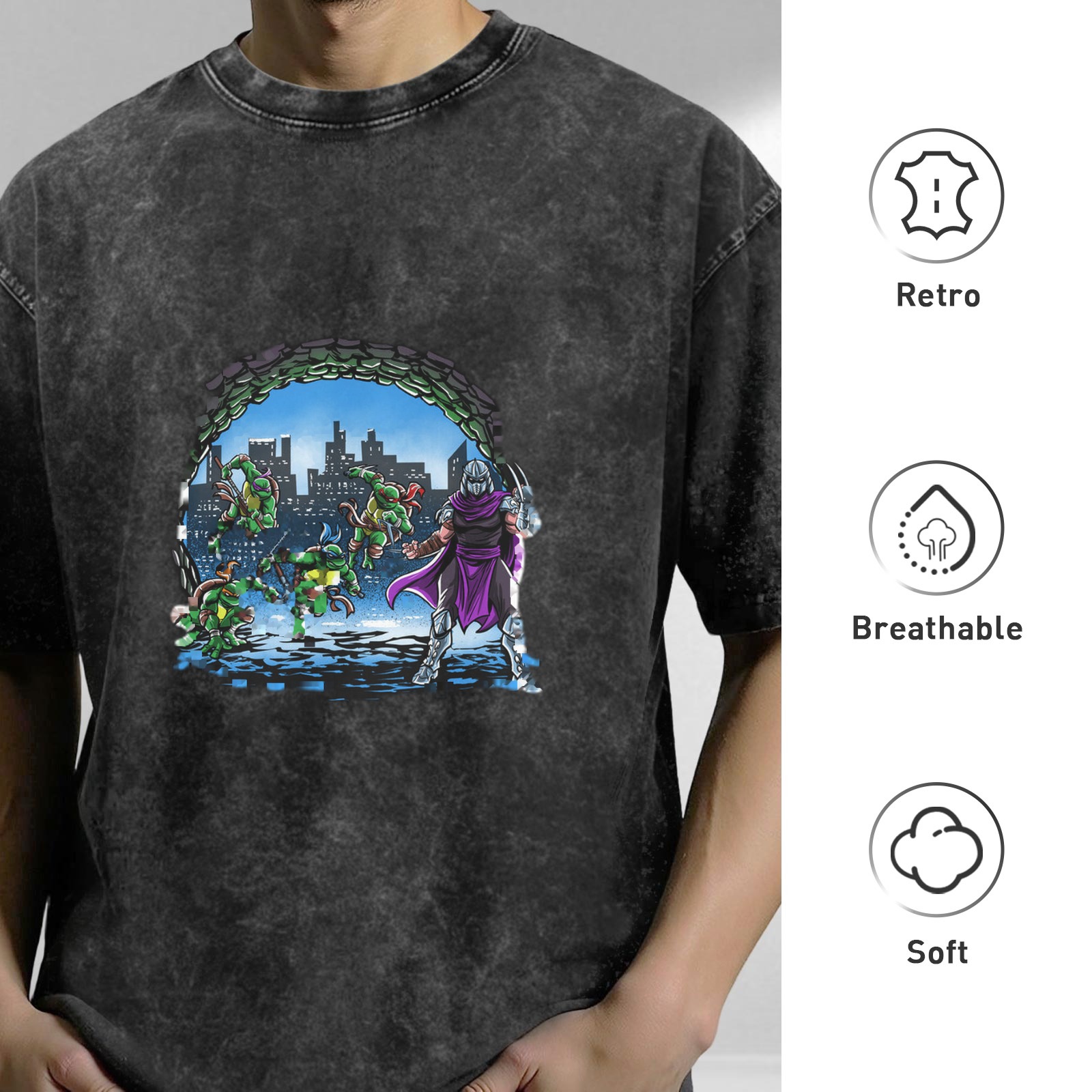Washed Black T-Shirt with Teenage Mutant Ninja Turtles vs Shredder Graphic