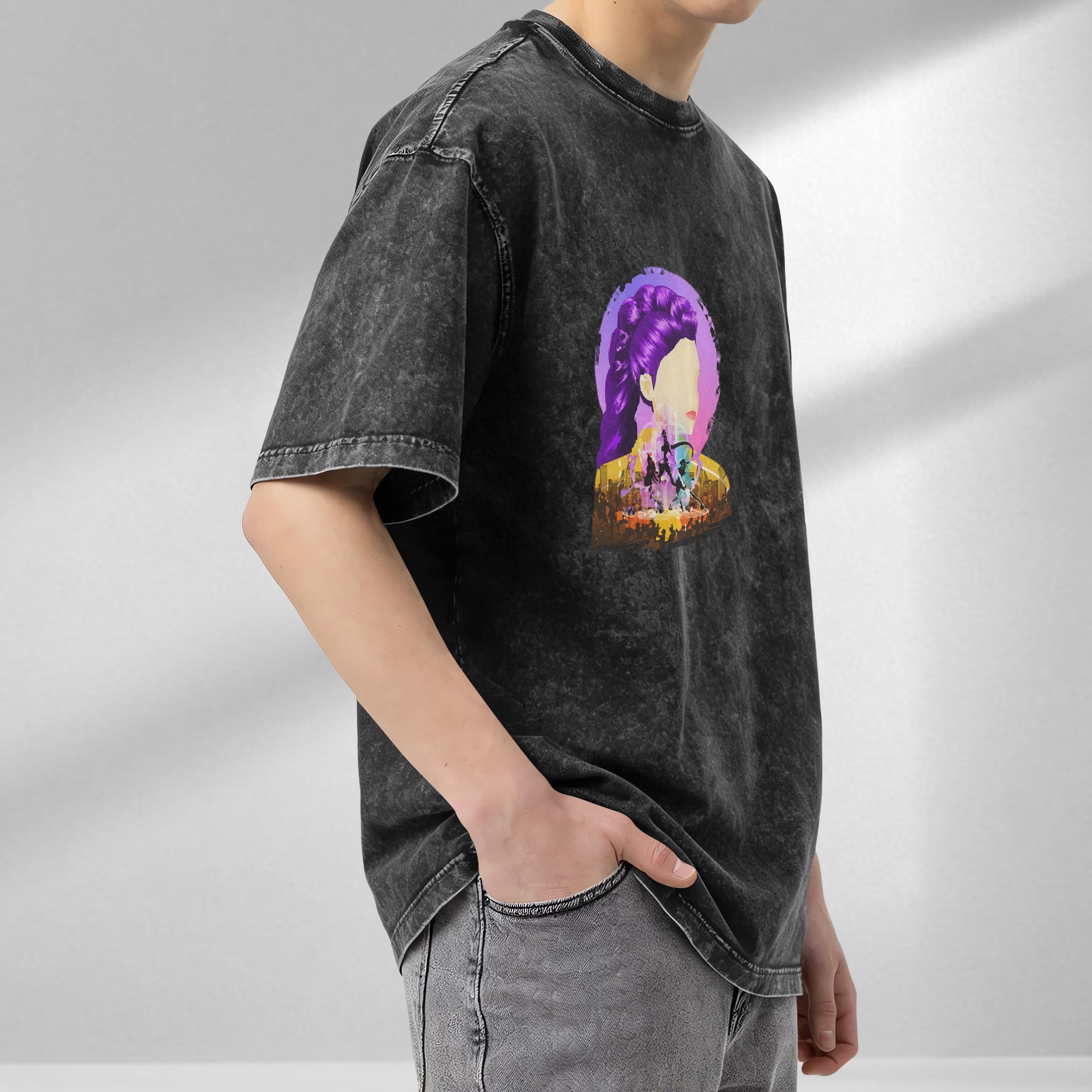 Oversized Acid Wash Graphic T-Shirt with Stylized Purple-Haired Woman Art Print