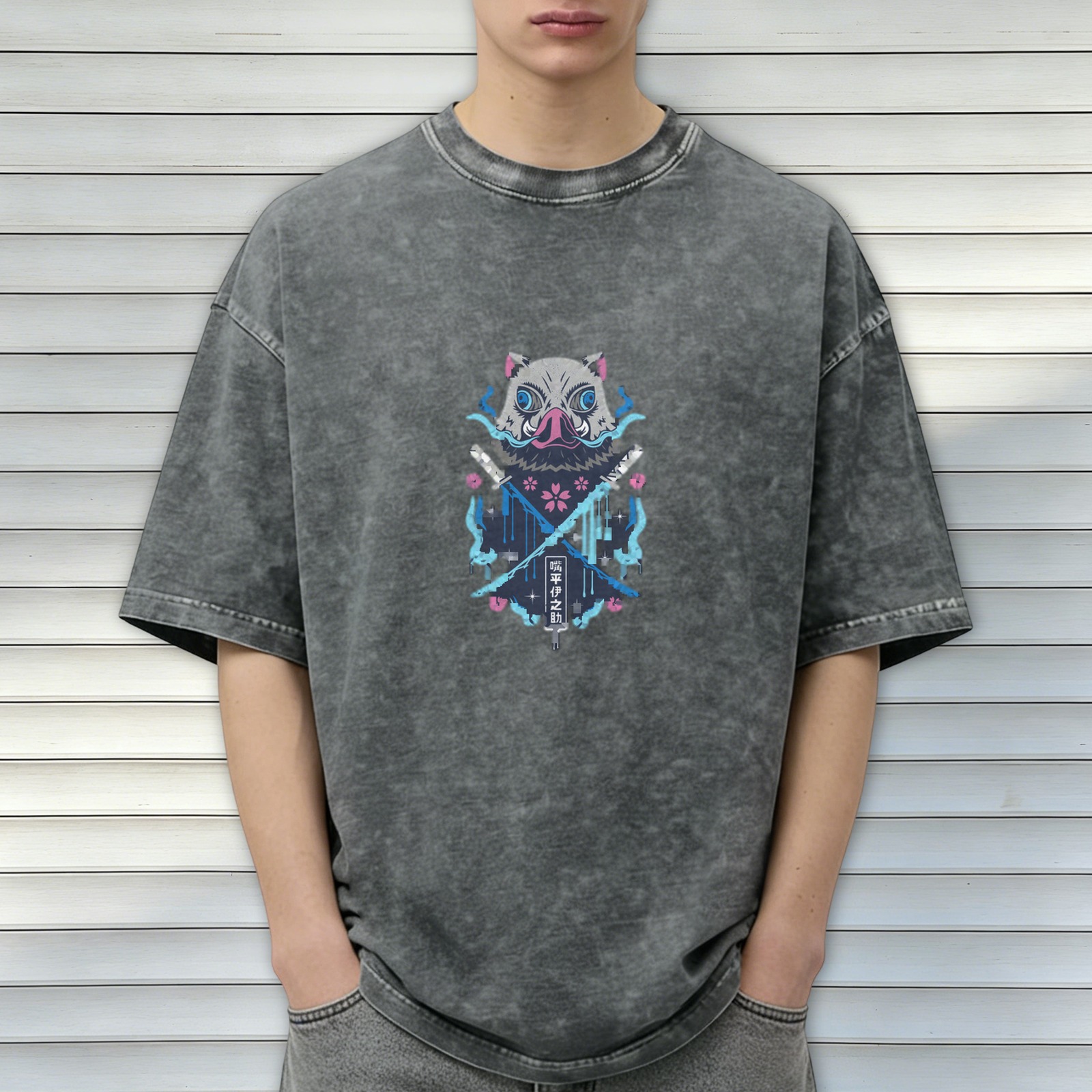 Washed and distressed charcoal black loose short-sleeved T-shirt Demon Slayer: Kimetsu no Yaiba Kihira Inosuke boar head print anime peripheral top