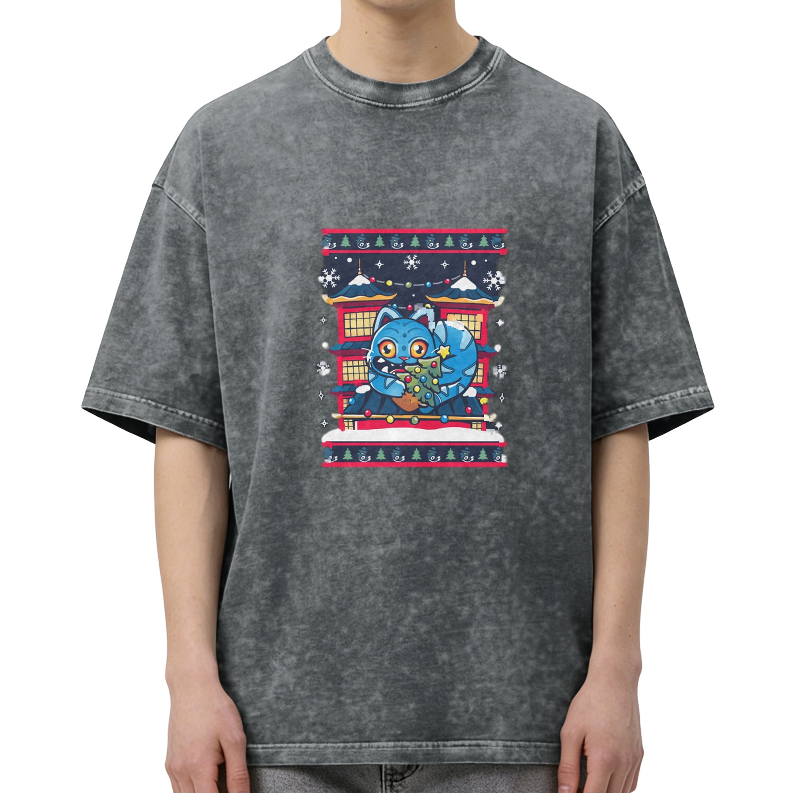 Oversized Dark Wash T-Shirt With Blue Cat Christmas Japanese Graphic