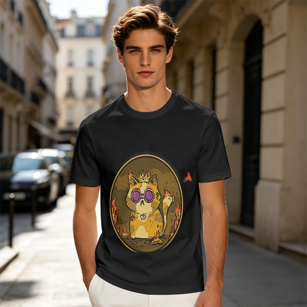 Olive T-Shirt With Flaming Royal Cat Wearing Sunglasses Print