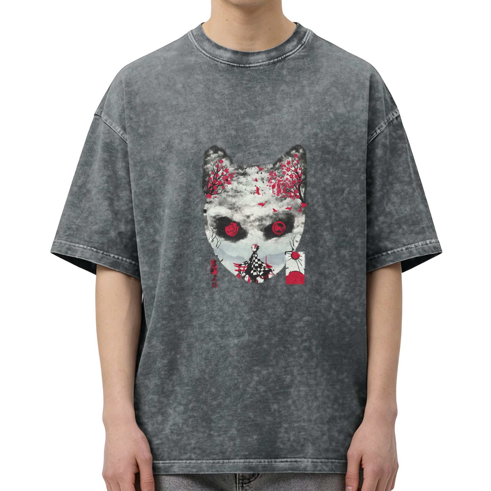 Oversized Vintage Wash Anime Graphic T-Shirt - Japanese Demon Mask & Cherry Blossom Design