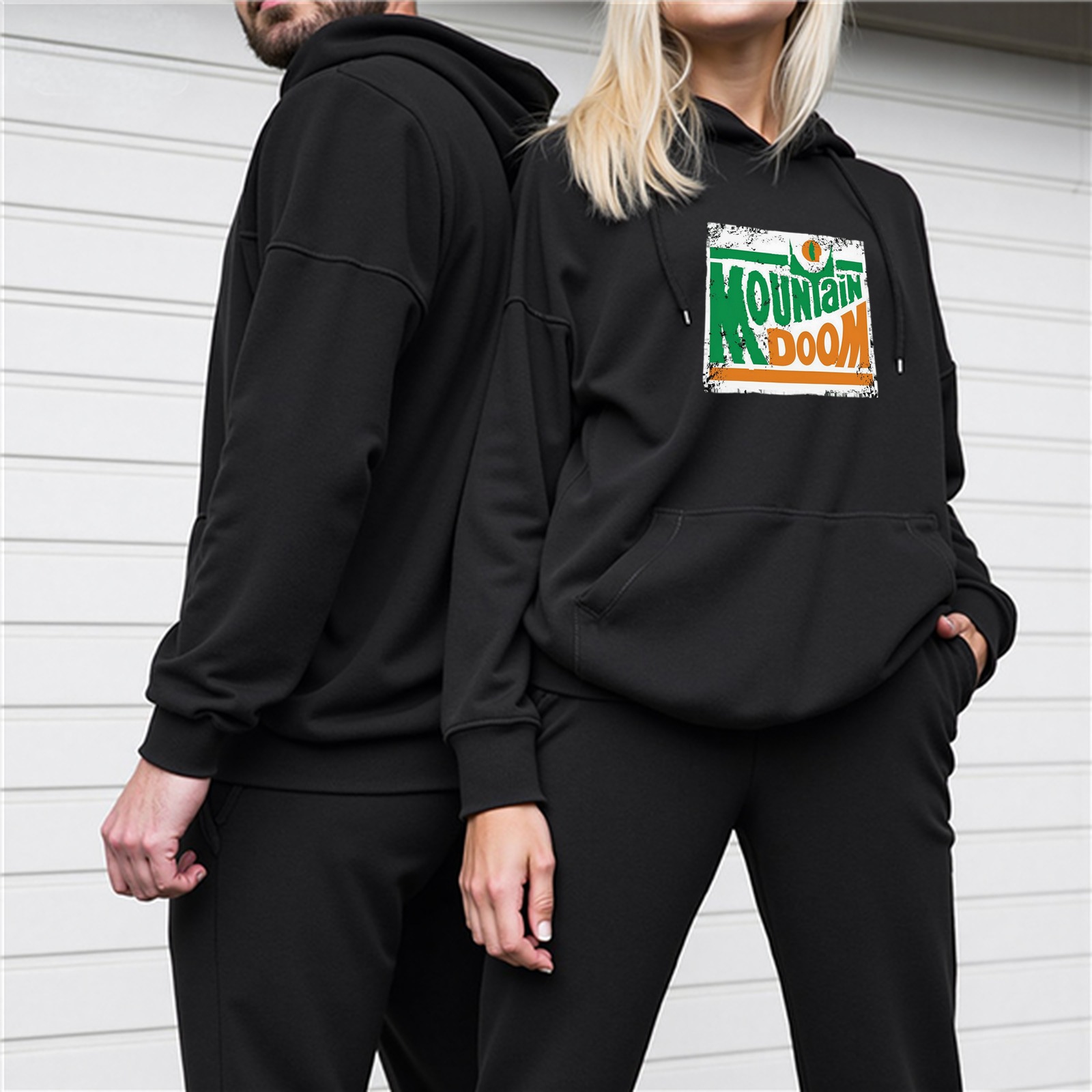 Black Hoodie with Distressed Mountain Doom Graphic Print