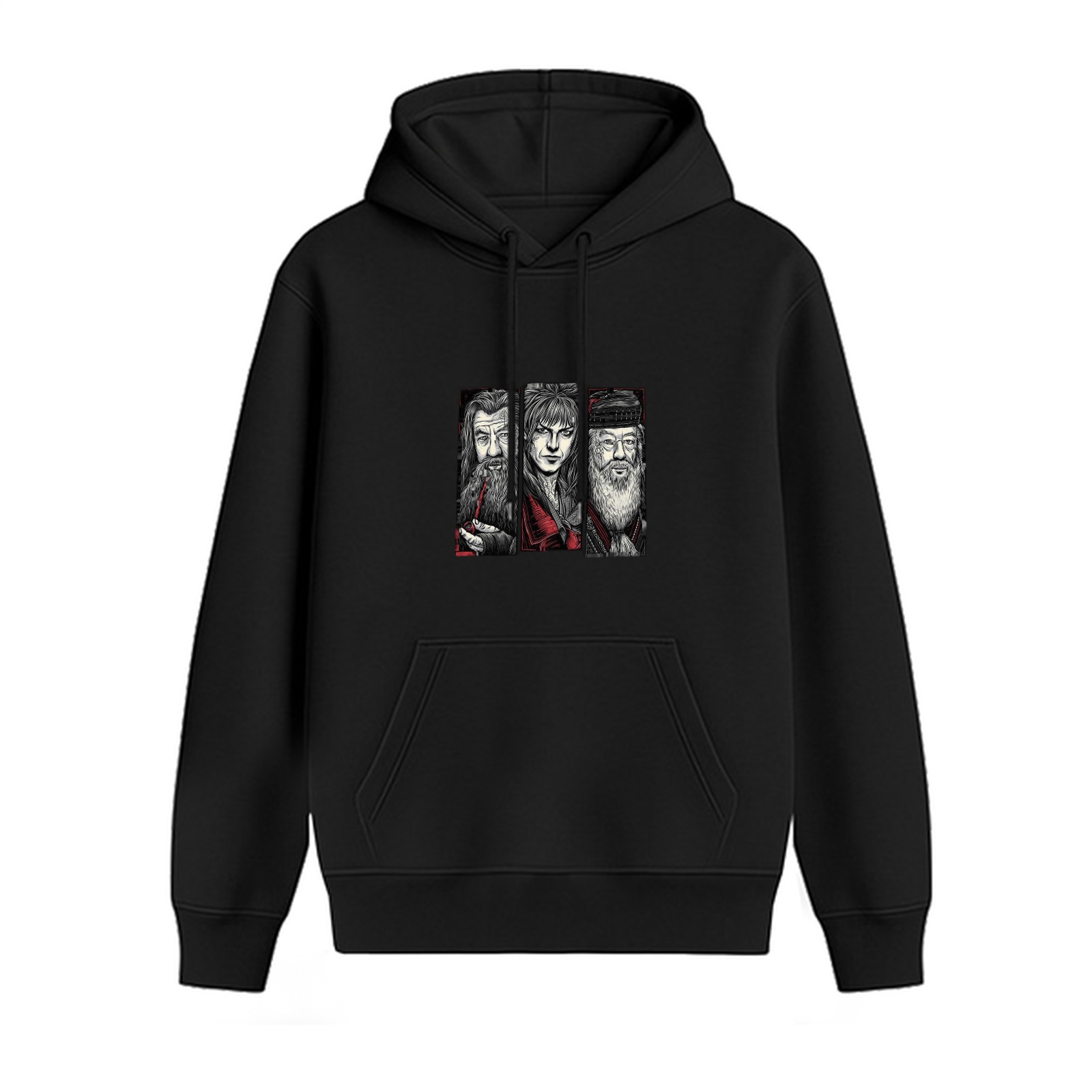 Black hoodie with fantasy wizard character graphic print