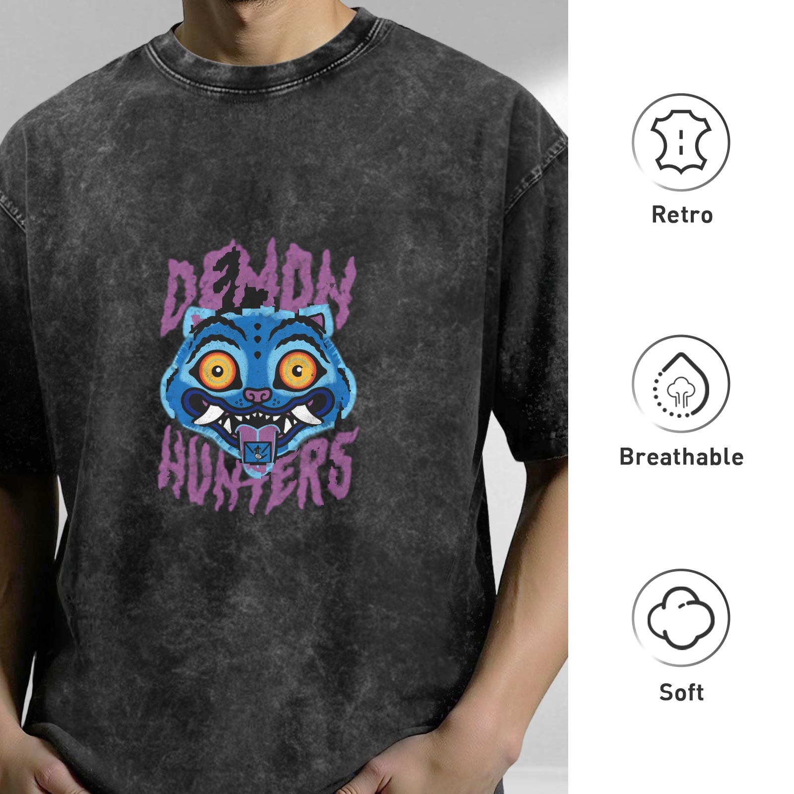 Distressed washed black Demon Hunter themed printed short-sleeved T-shirt
