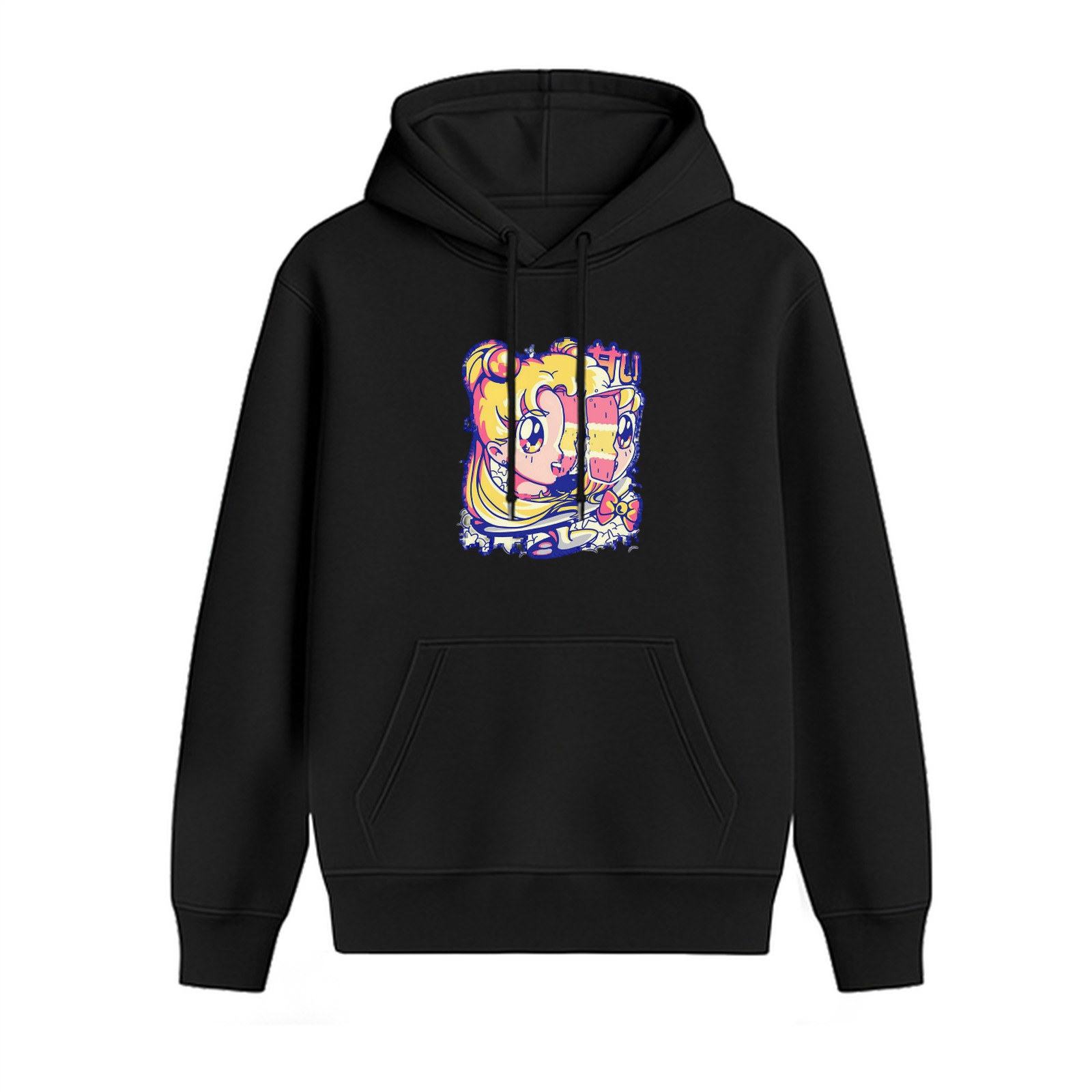 Black hoodie with retro anime girl graphic print