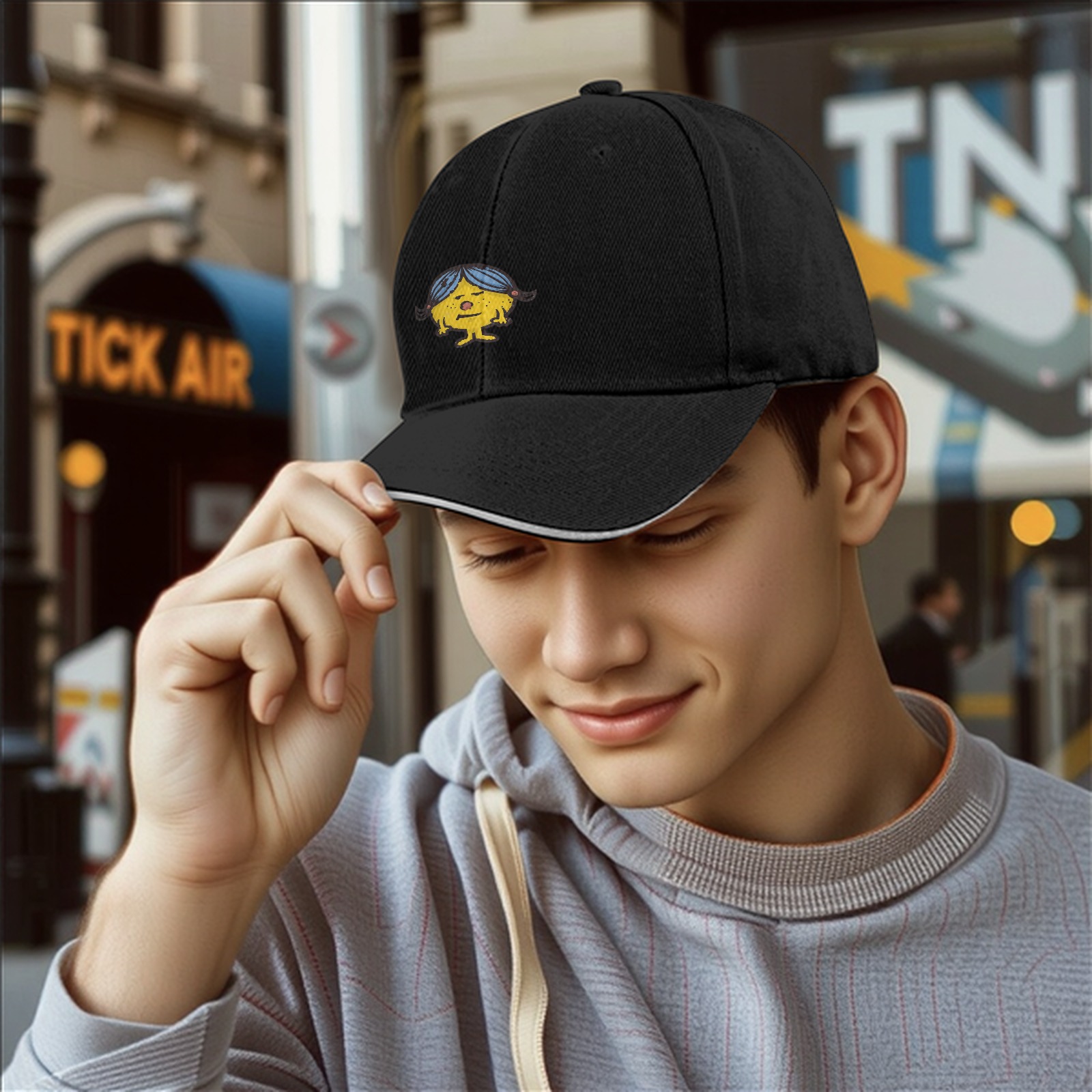Black baseball cap with yellow cartoon girl character print