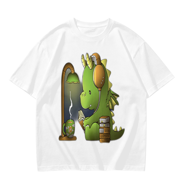 Olive T-Shirt with Cute Dragon Reading and Wearing Headphones