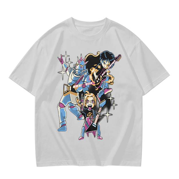 Olive T-shirt with Anime Rock Band Characters Graphic