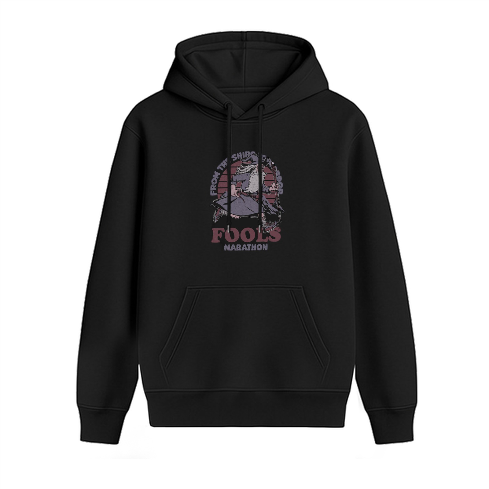 Black hoodie with 'Fools Marathon' running graphic print
