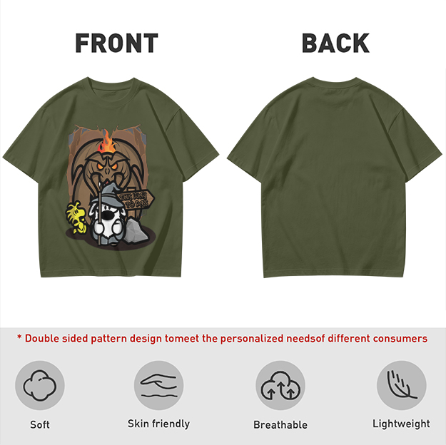 Olive t-shirt with wizard dog and dragon cave graphic
