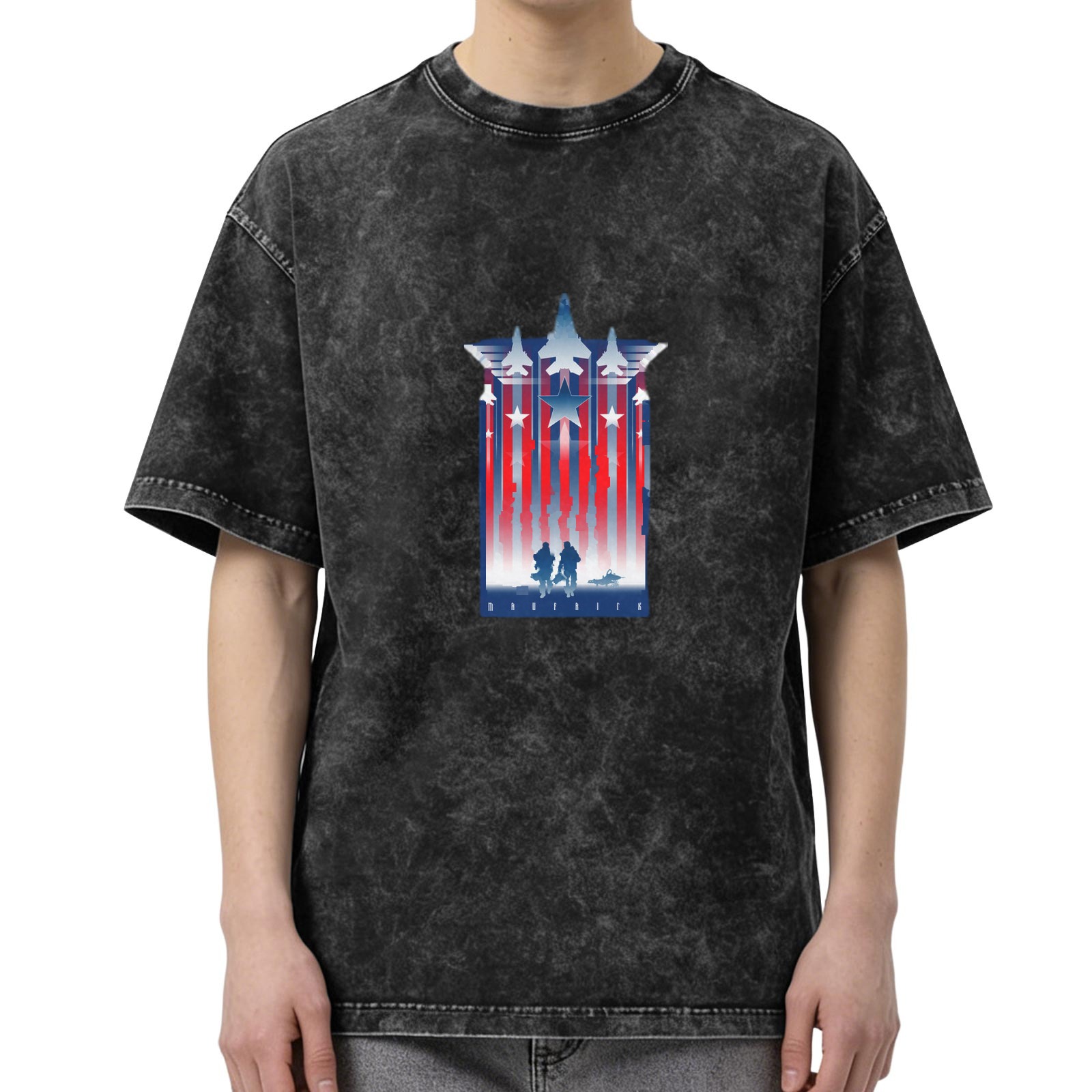 Oversized Black Acid Wash T-Shirt With Patriotic Military Jet And Soldier Graphic