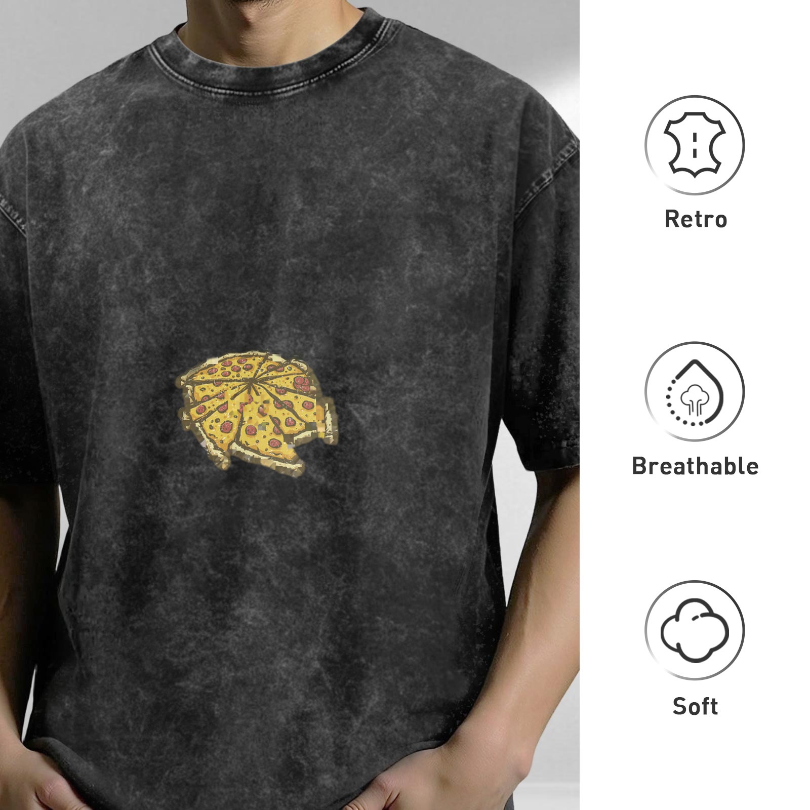 Distressed black pizza print loose short-sleeved T-shirt