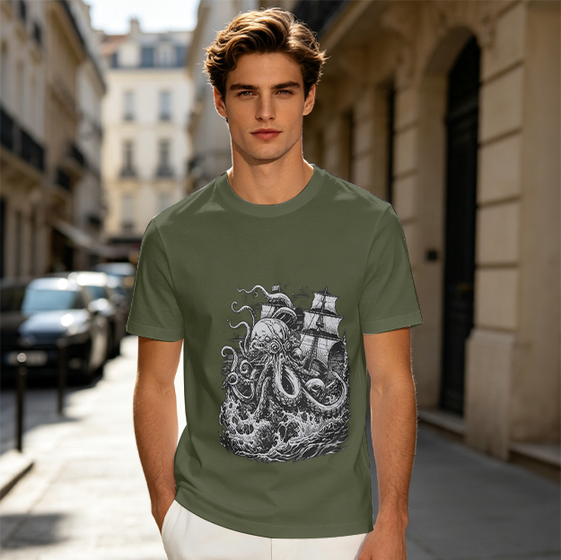 Olive T-shirt with Vintage Octopus Kraken Attacking Sailing Ship Art