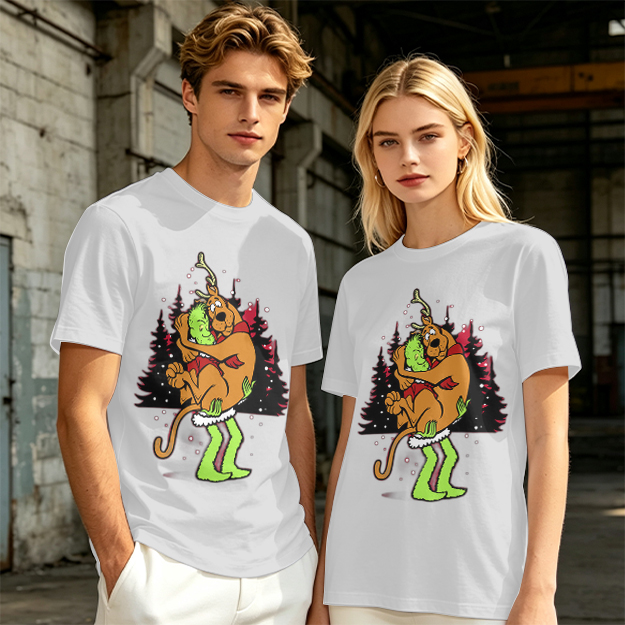 Olive Christmas T-Shirt Featuring Scooby-Doo Hugging The Grinch
