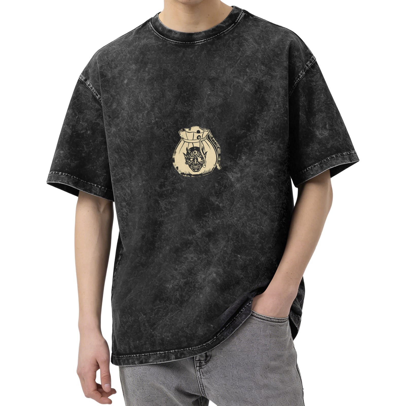 Oni Demon Money Bag Graphic Oversized Acid Wash T-Shirt