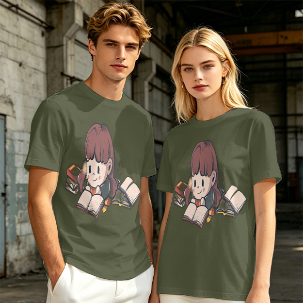 Olive T-shirt with Charming Girl Reading Books Graphic