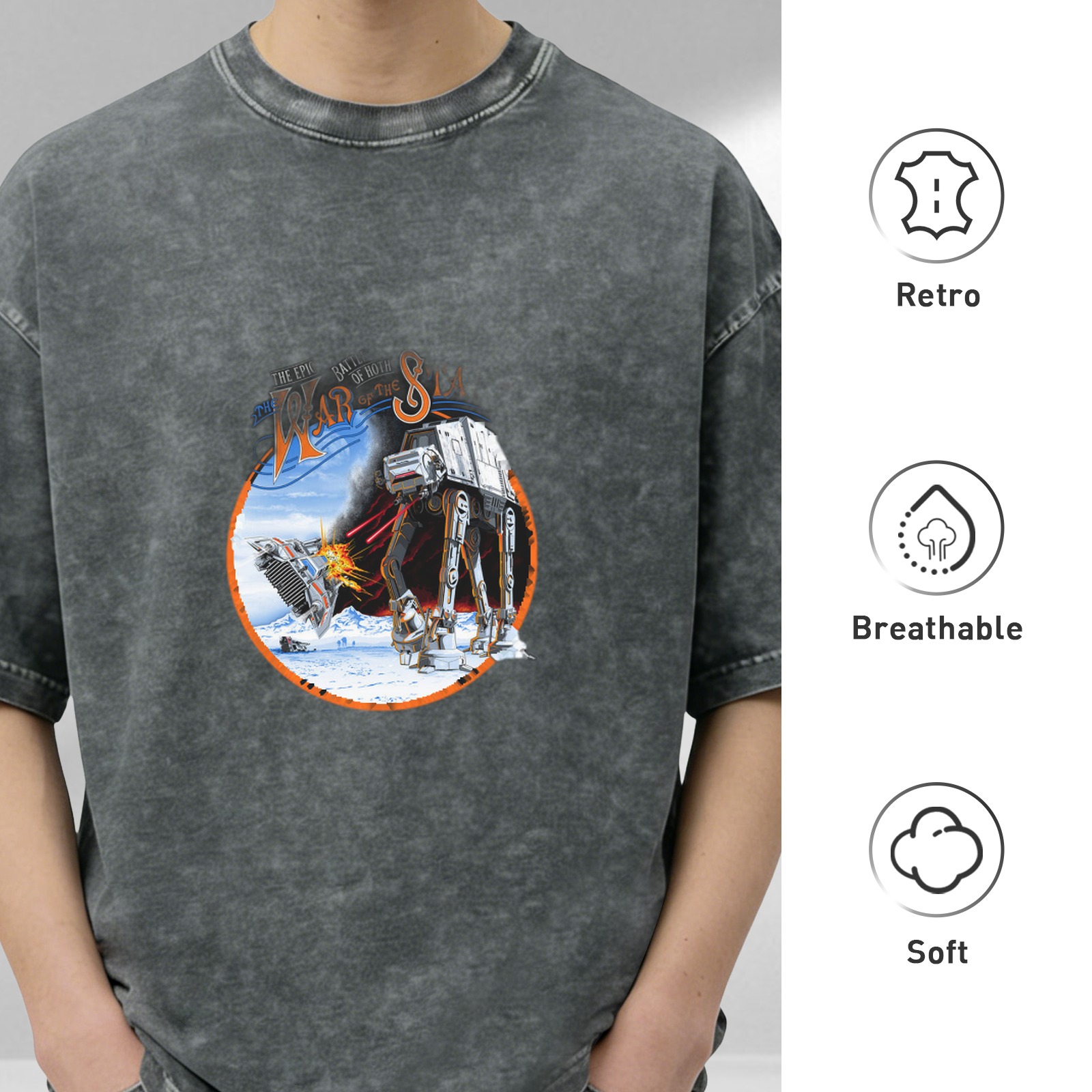 Star Wars Battle of Hoth AT-AT Snow Speeder Graphic Acid Wash Oversized T-Shirt