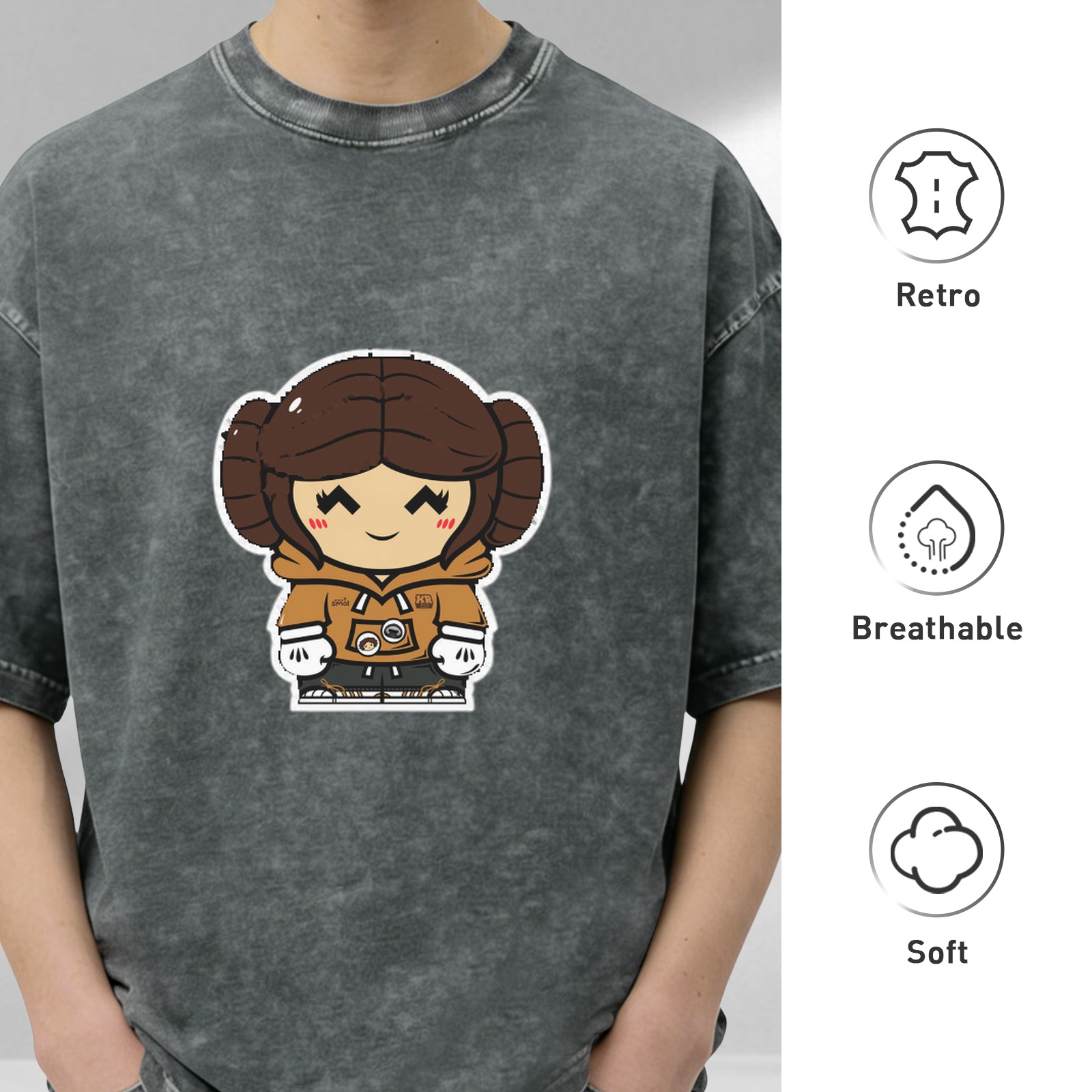 Oversized dark wash t-shirt with chibi princess leia graphic