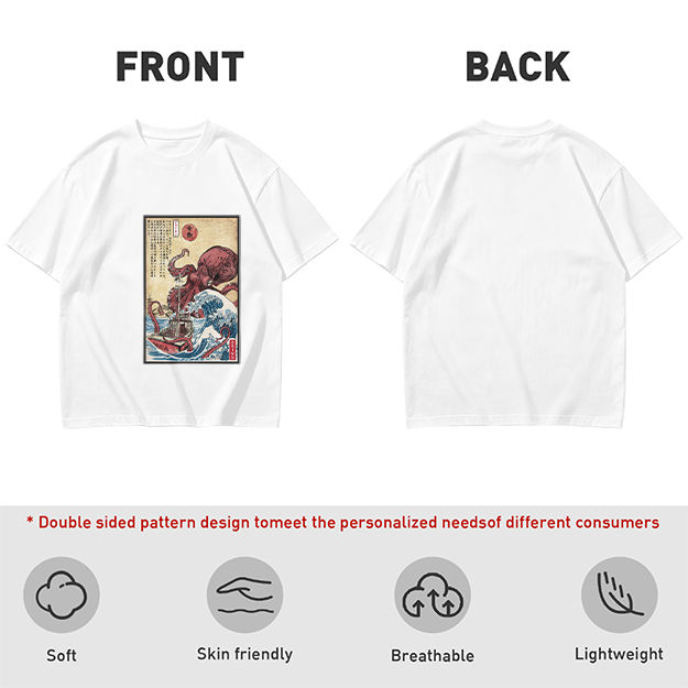 Olive T-shirt with Japanese octopus and wave woodblock print