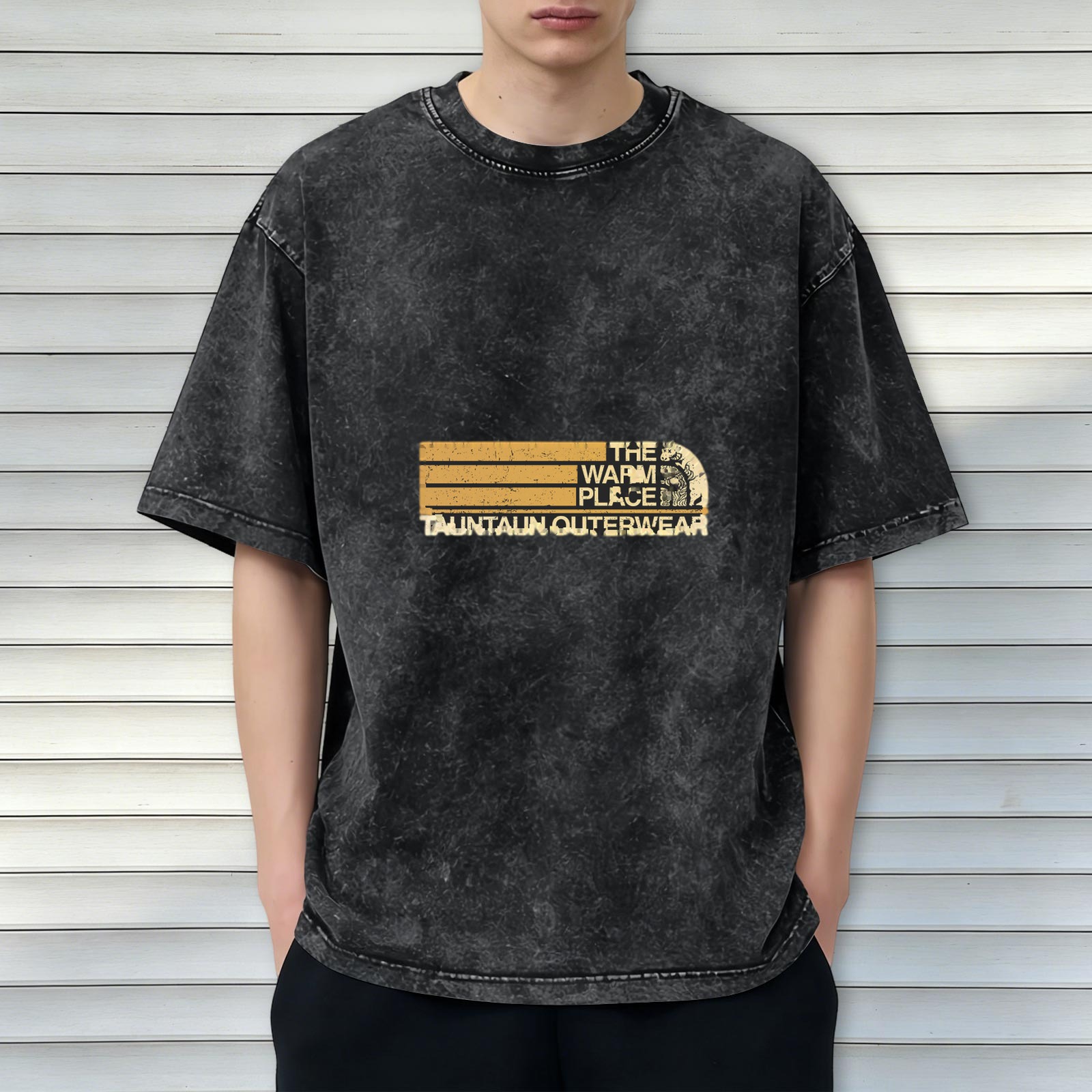 Distressed washed black loose short-sleeved T-shirt Fun spoof outdoor brand printed top