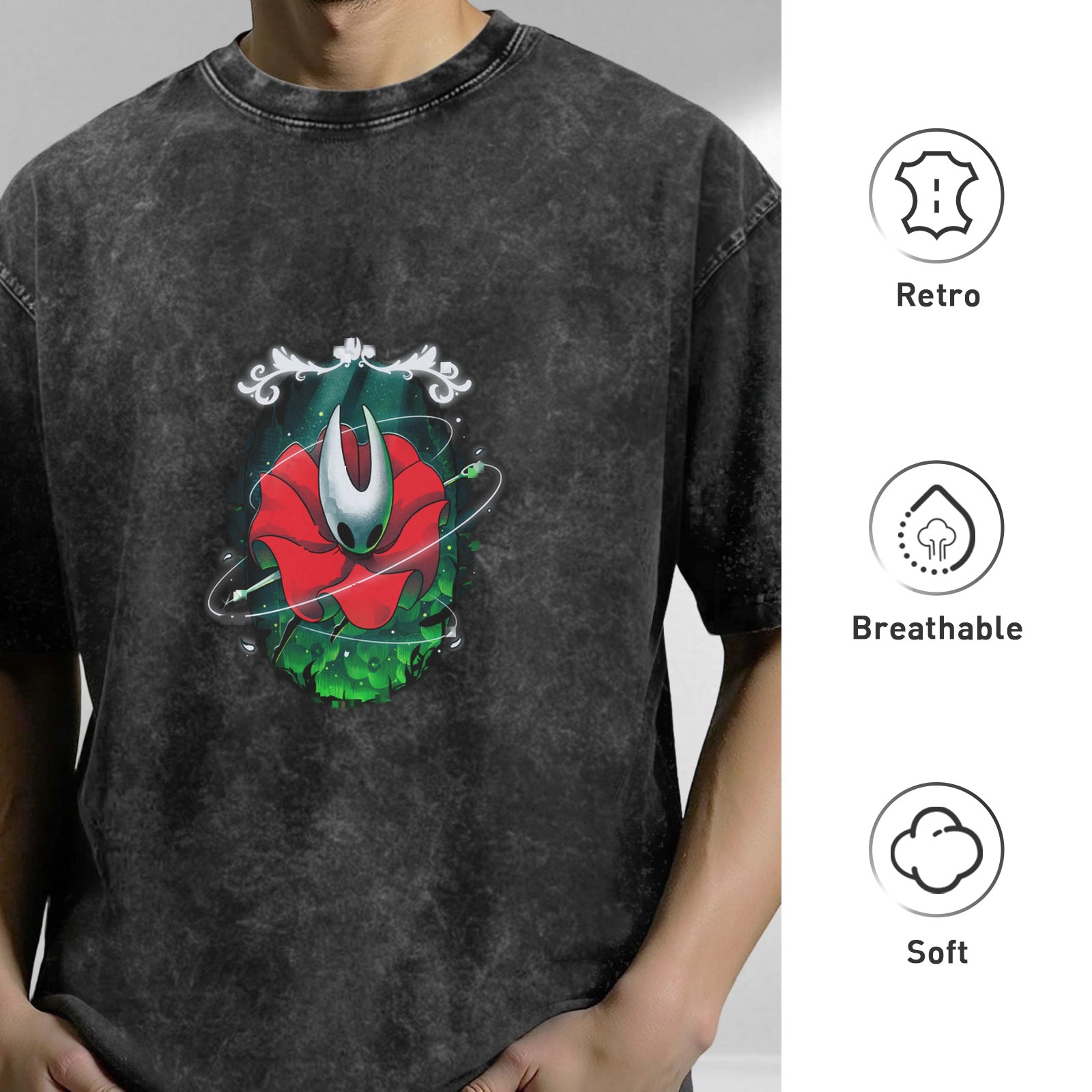 Hollow Knight Hornet Rose Graphic Acid Wash Oversized T-Shirt