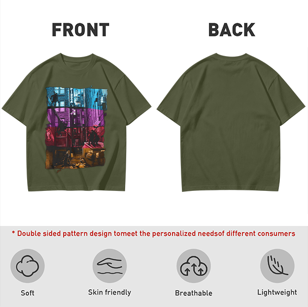 Olive T-Shirt With Vibrant Neon City Alley Graphic Print