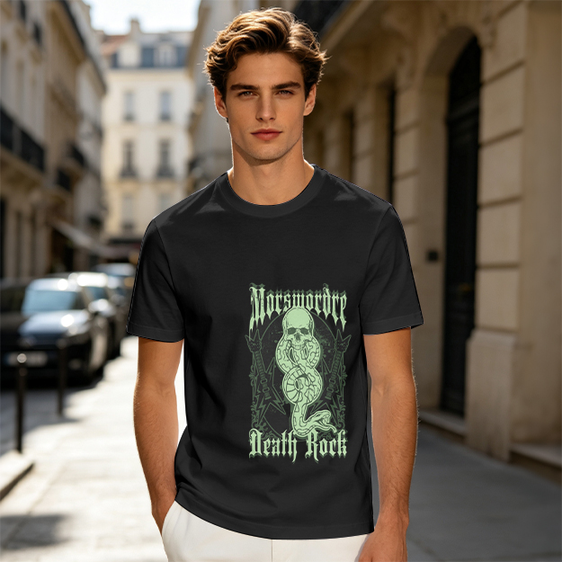 Olive graphic t-shirt with skull snake death rock design