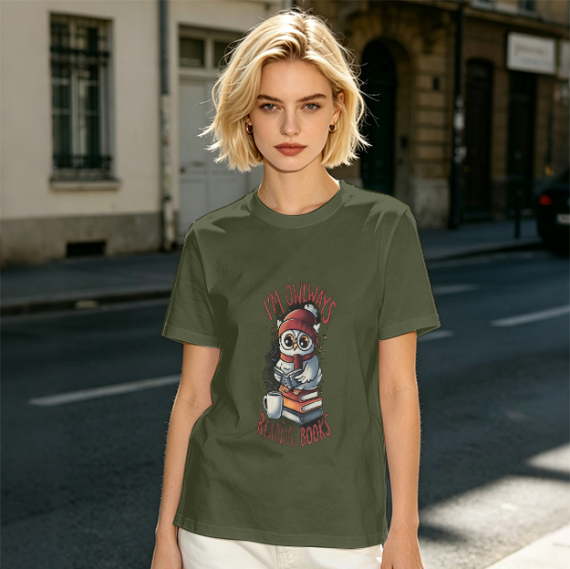 Owl reading books graphic olive green casual t-shirt