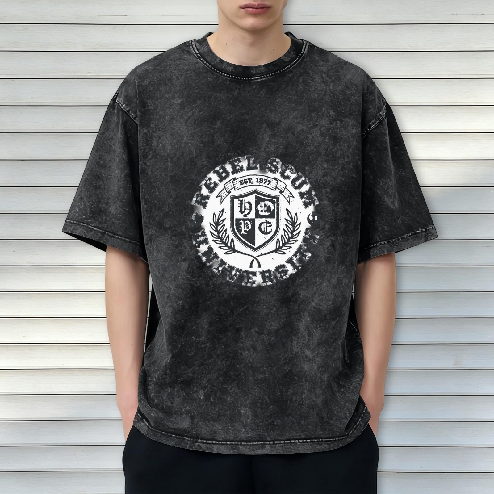 Washed Black Graphic T-Shirt With Rebel Scum University Crest Design