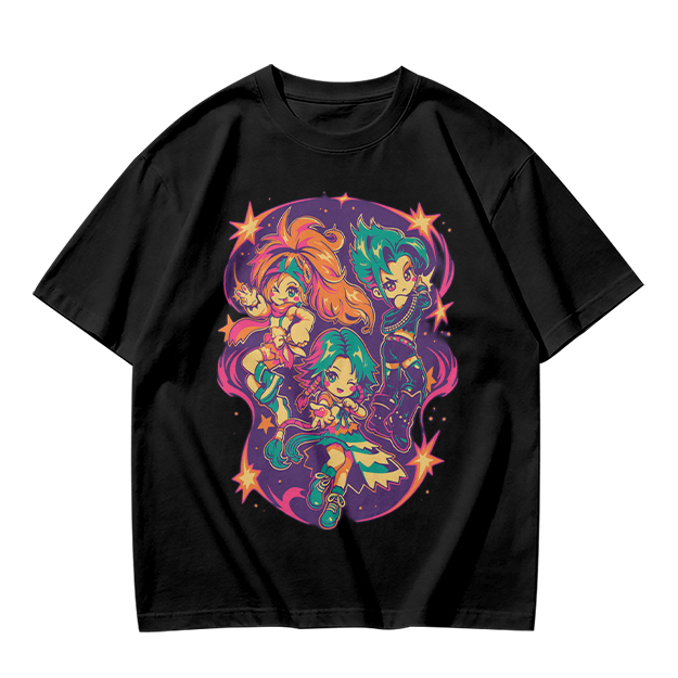 Olive T-Shirt With Vibrant Anime Chibi Characters Graphic Print