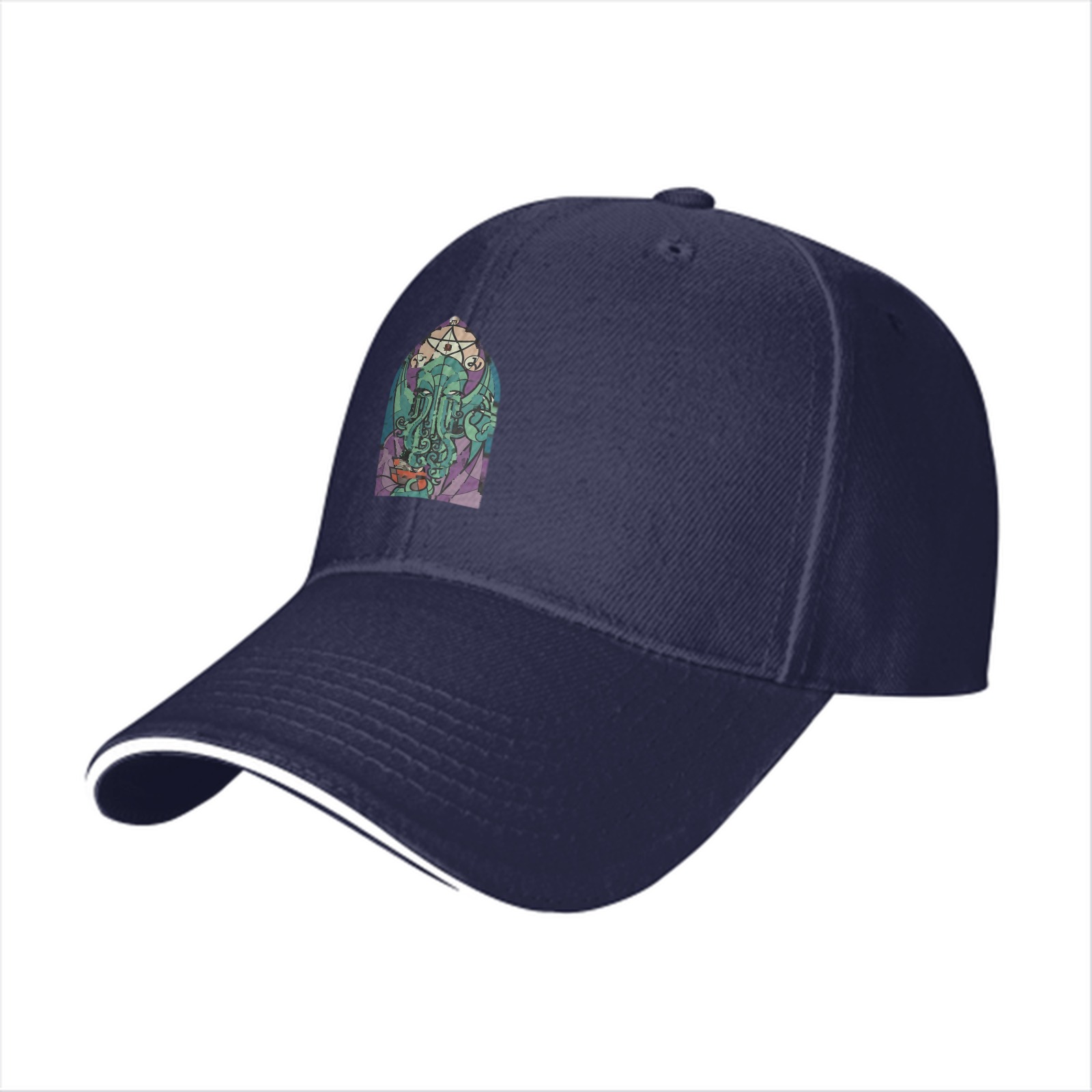 Black Baseball Cap with Cthulhu Stained Glass Style Graphic