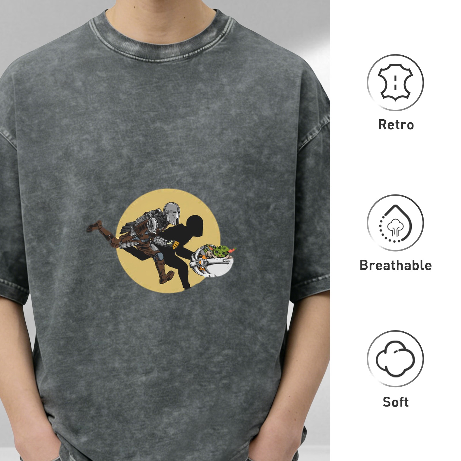 Washed black graphic t-shirt with Star Wars Mandalorian and Grogu design