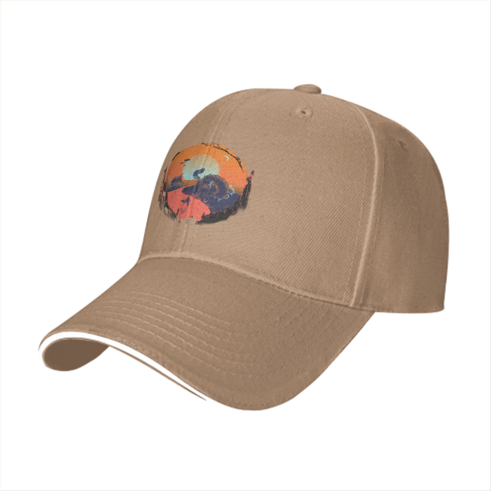 Black Baseball Cap with Sunset Landscape Graphic Print