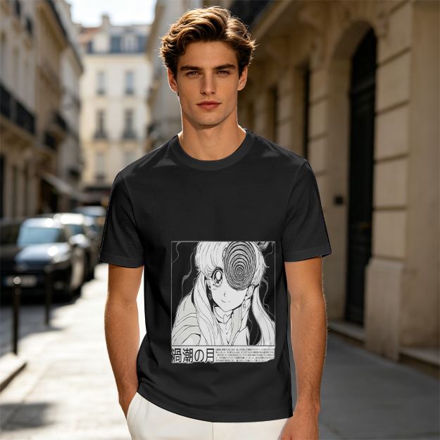 Olive anime graphic t-shirt with spiral eye design