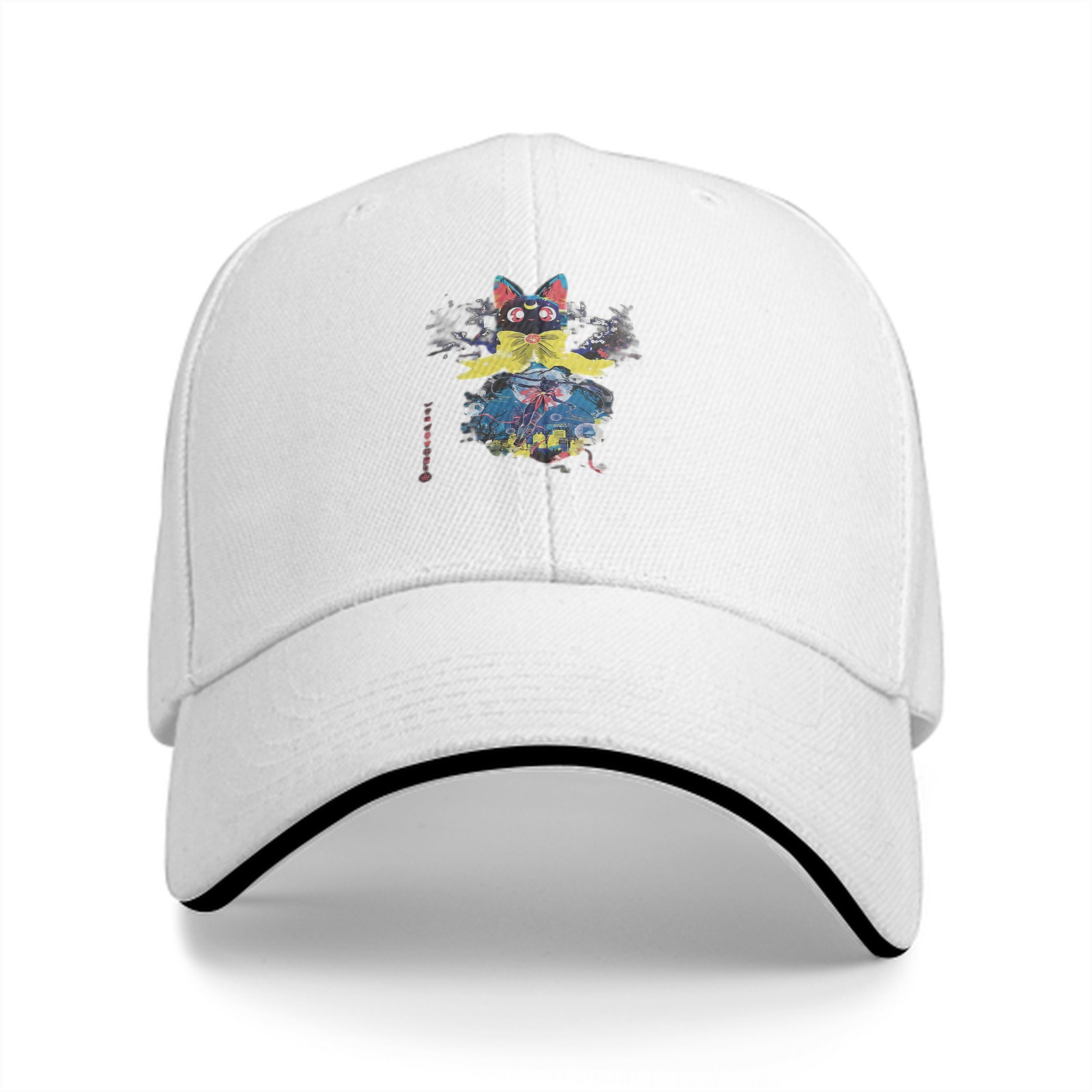 Black Baseball Cap With Anime Black Cat Graphic Print