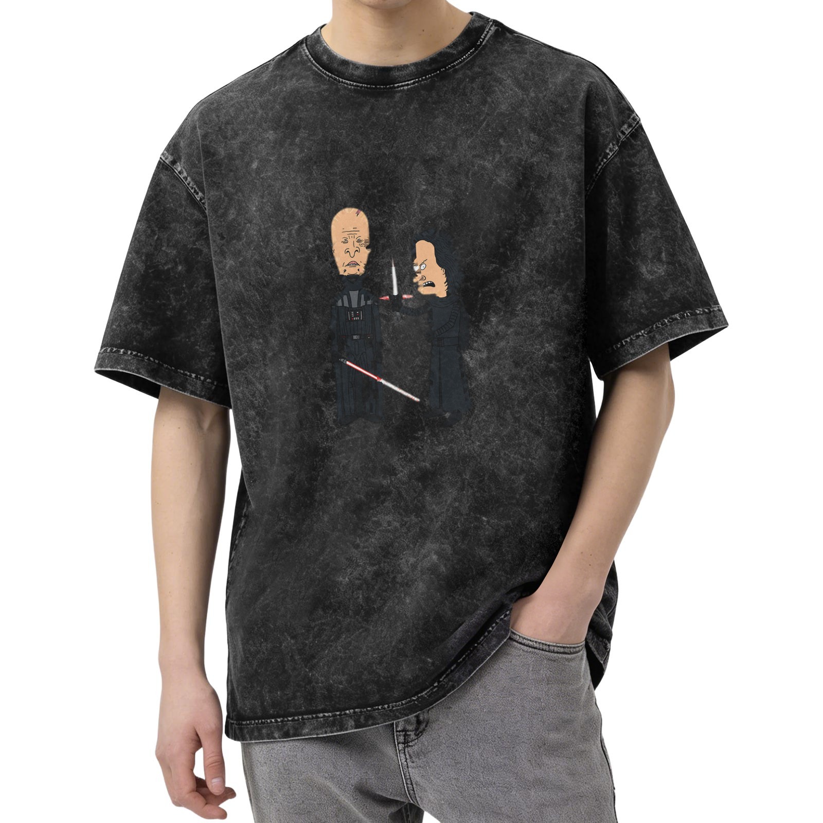 Washed black t-shirt with Beavis and Butt-Head Star Wars Darth Vader vs Kylo Ren graphic