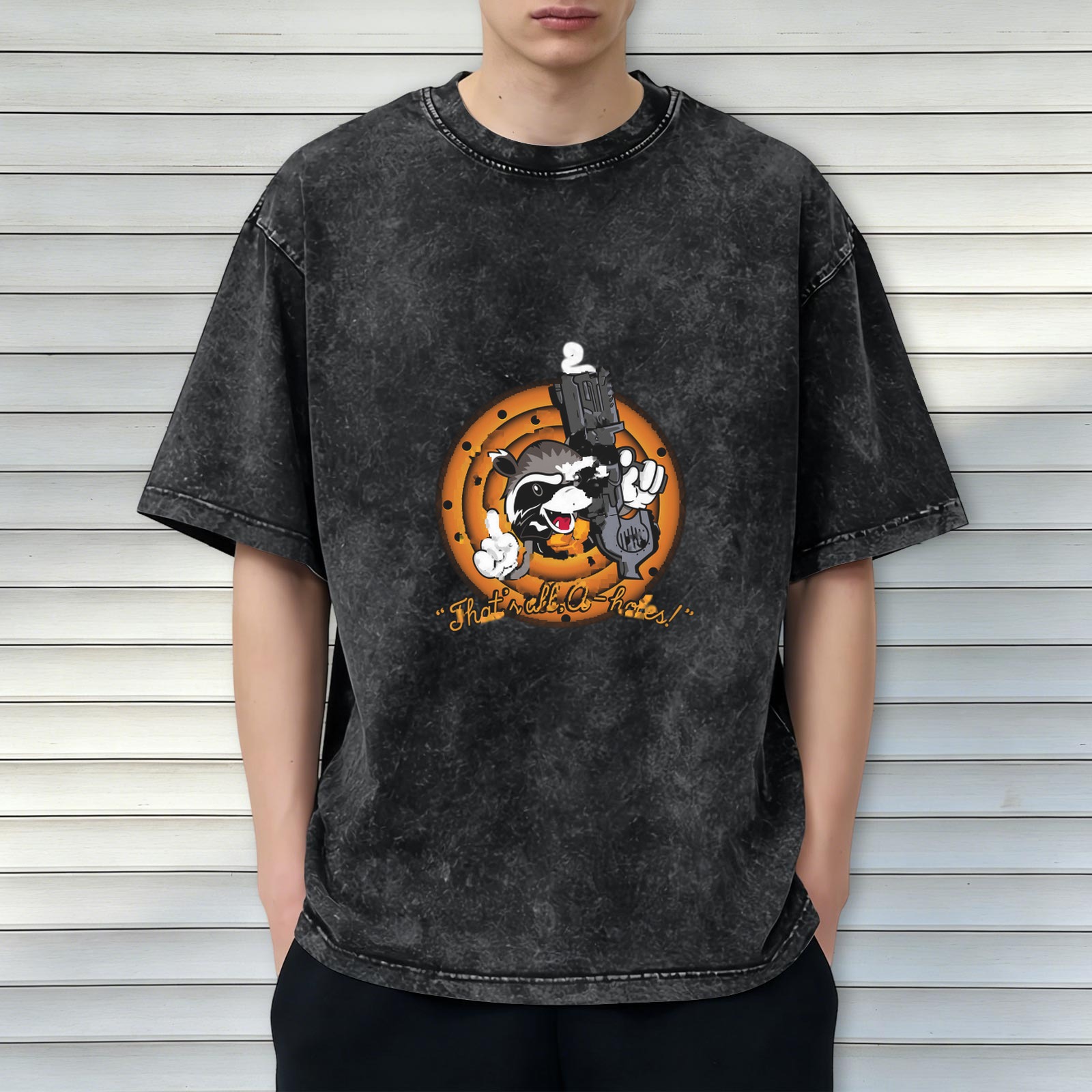 Washed Black Raccoon Gun Graphic T-Shirt With Funny Text