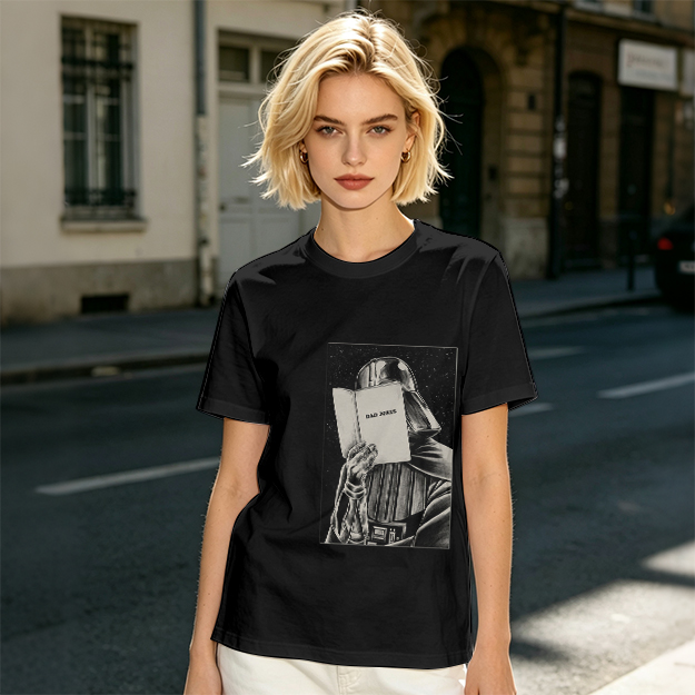 Olive T-shirt with Darth Vader reading a book graphic