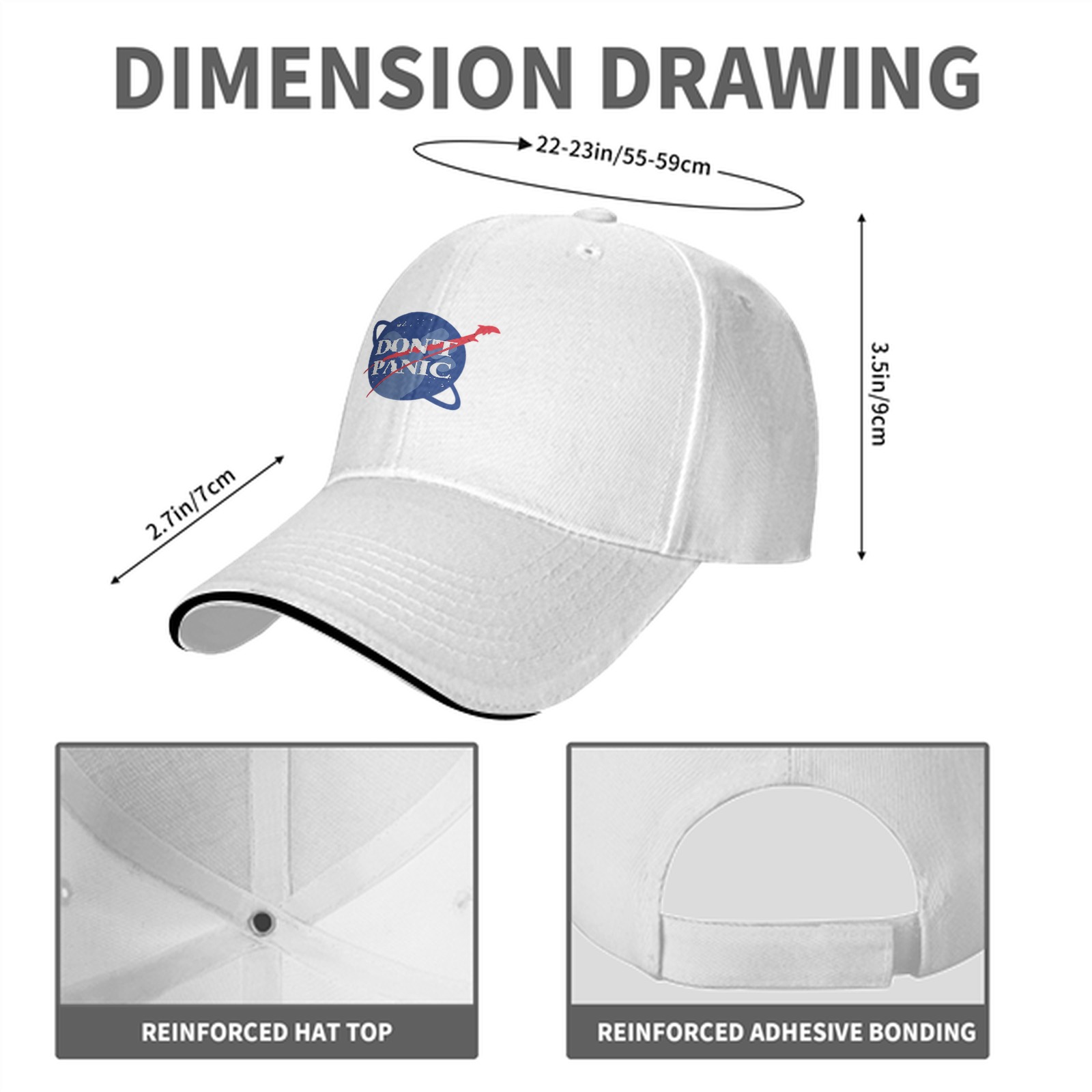 Black baseball cap with Don't Panic NASA-style space graphic