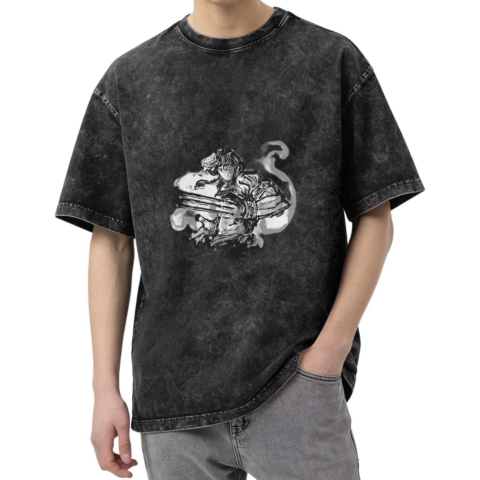 Washed black graphic t-shirt with ink-style warrior print