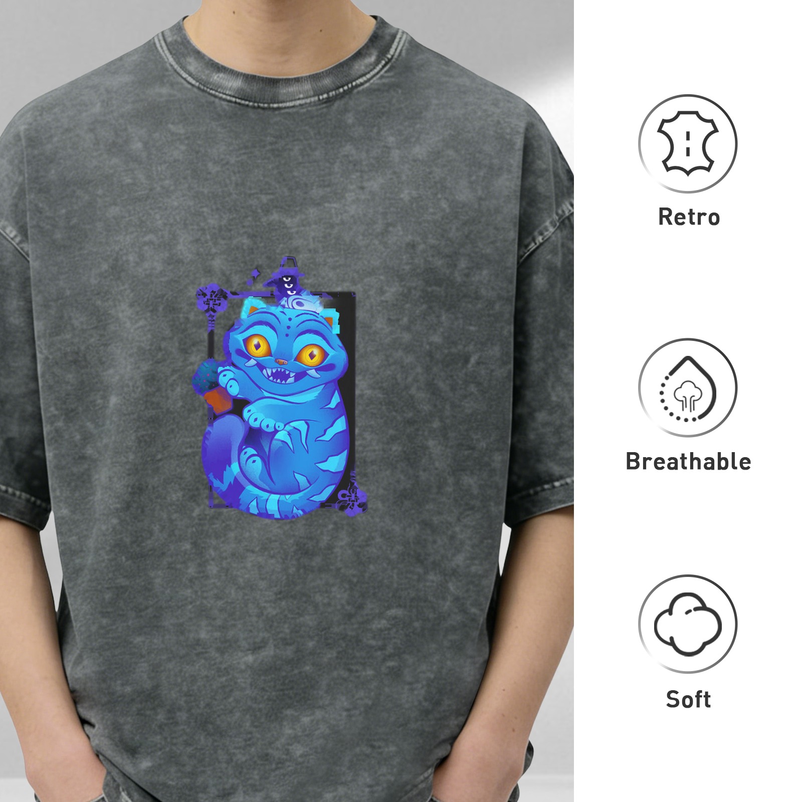 Distressed black loose short-sleeved T-shirt Cheshire cat cartoon print personalized trendy casual top