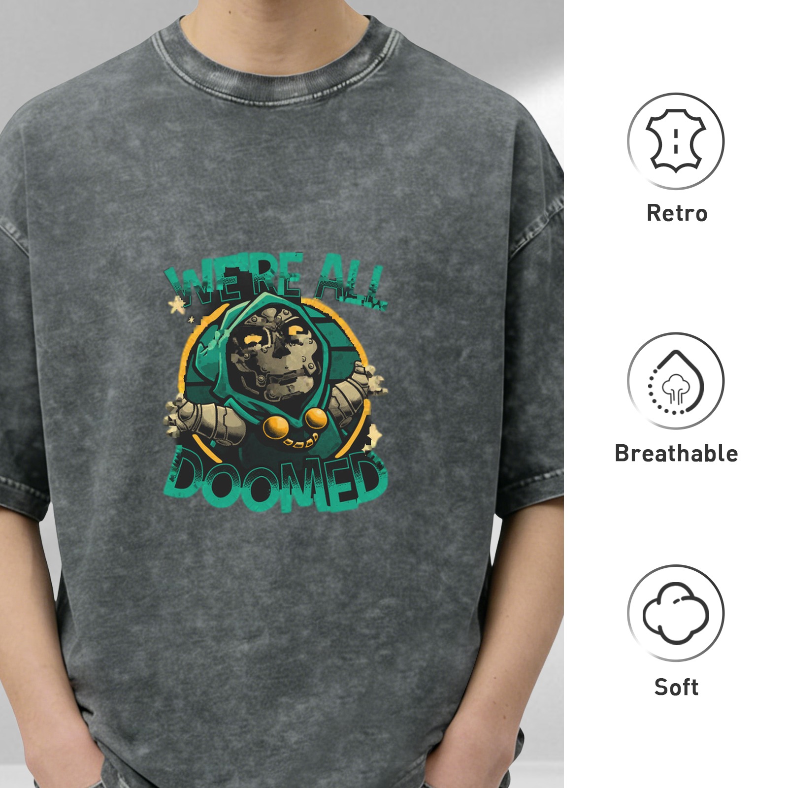 Retro washed black loose short-sleeved T-shirt Marvel Doctor Doom themed print 'WE'RE ALL DOOMED' graphic top